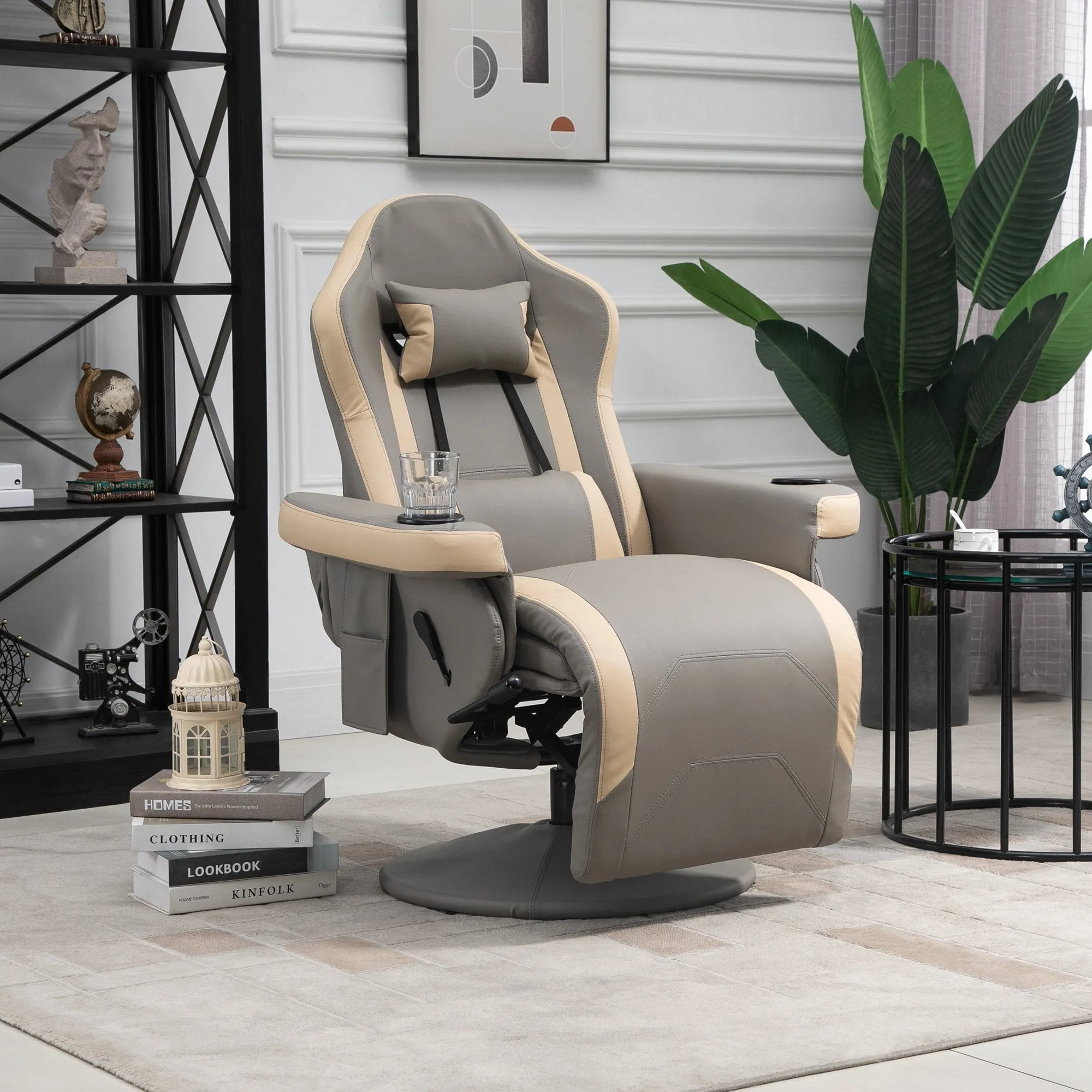 Manual Recliner Armchair PU Leather Lounge Chair with Adjustable Leg Rest, Cup Holder and Storage Pocket - Grey