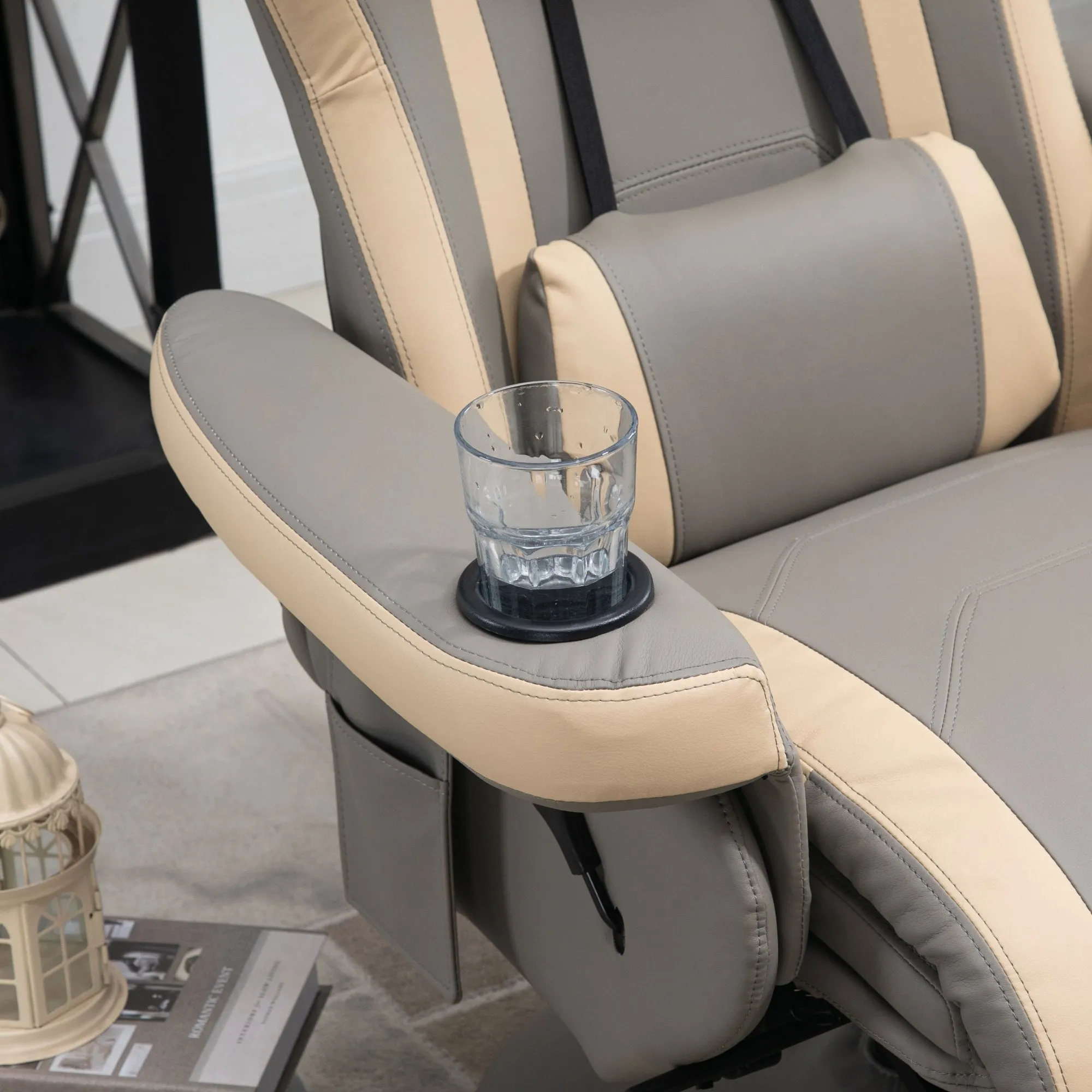 Manual Recliner Armchair PU Leather Lounge Chair with Adjustable Leg Rest, Cup Holder and Storage Pocket - Grey