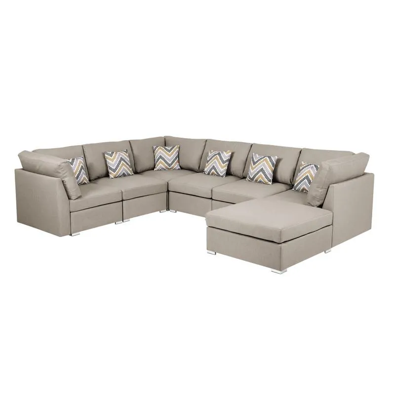 Modern 7pc Beige Fabric Reversible Modular Sectional Sofa with Ottoman and Pillows