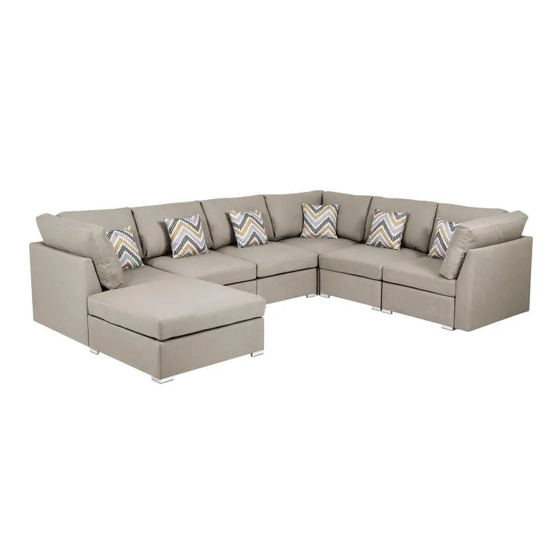 Modern 7pc Beige Fabric Reversible Modular Sectional Sofa with Ottoman and Pillows