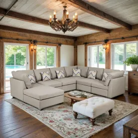 Modern 7pc Beige Fabric Reversible Modular Sectional Sofa with Ottoman and Pillows