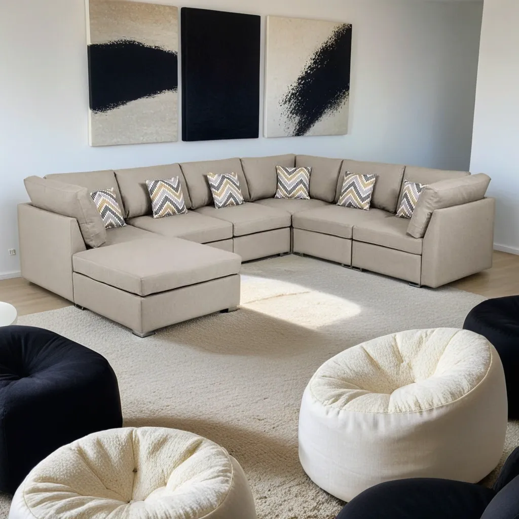 Modern 7pc Beige Fabric Reversible Modular Sectional Sofa with Ottoman and Pillows