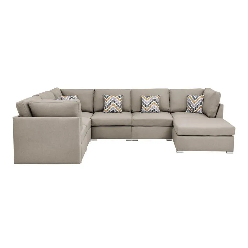 Modern 7pc Beige Fabric Reversible Modular Sectional Sofa with Ottoman and Pillows