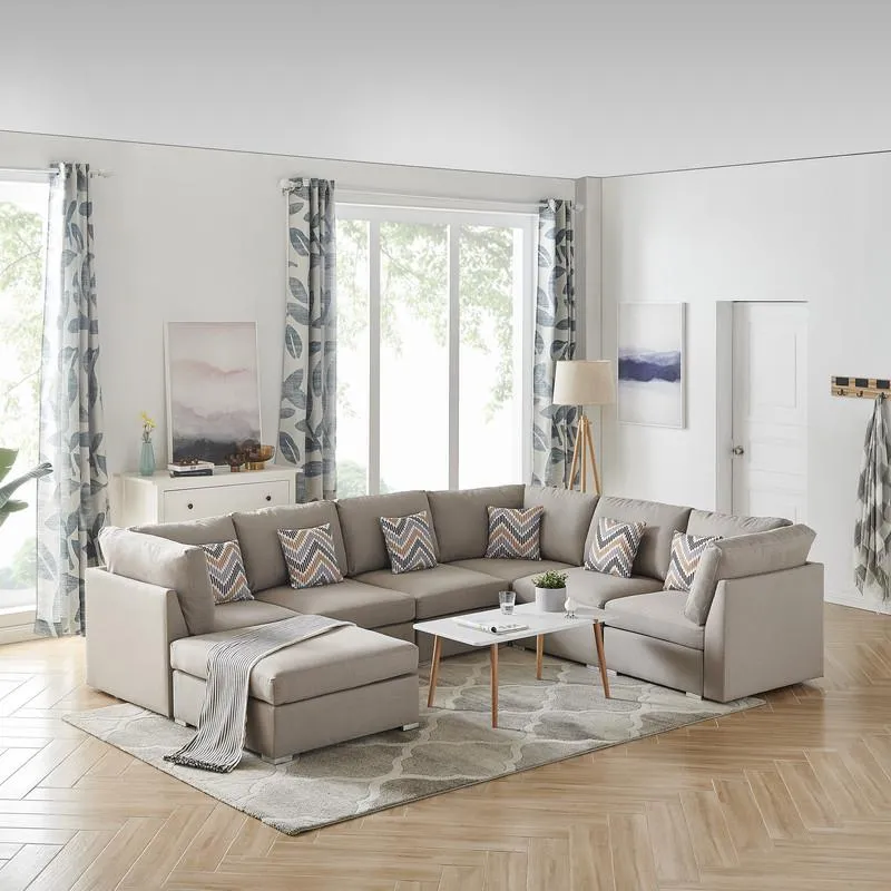 Modern 7pc Beige Fabric Reversible Modular Sectional Sofa with Ottoman and Pillows