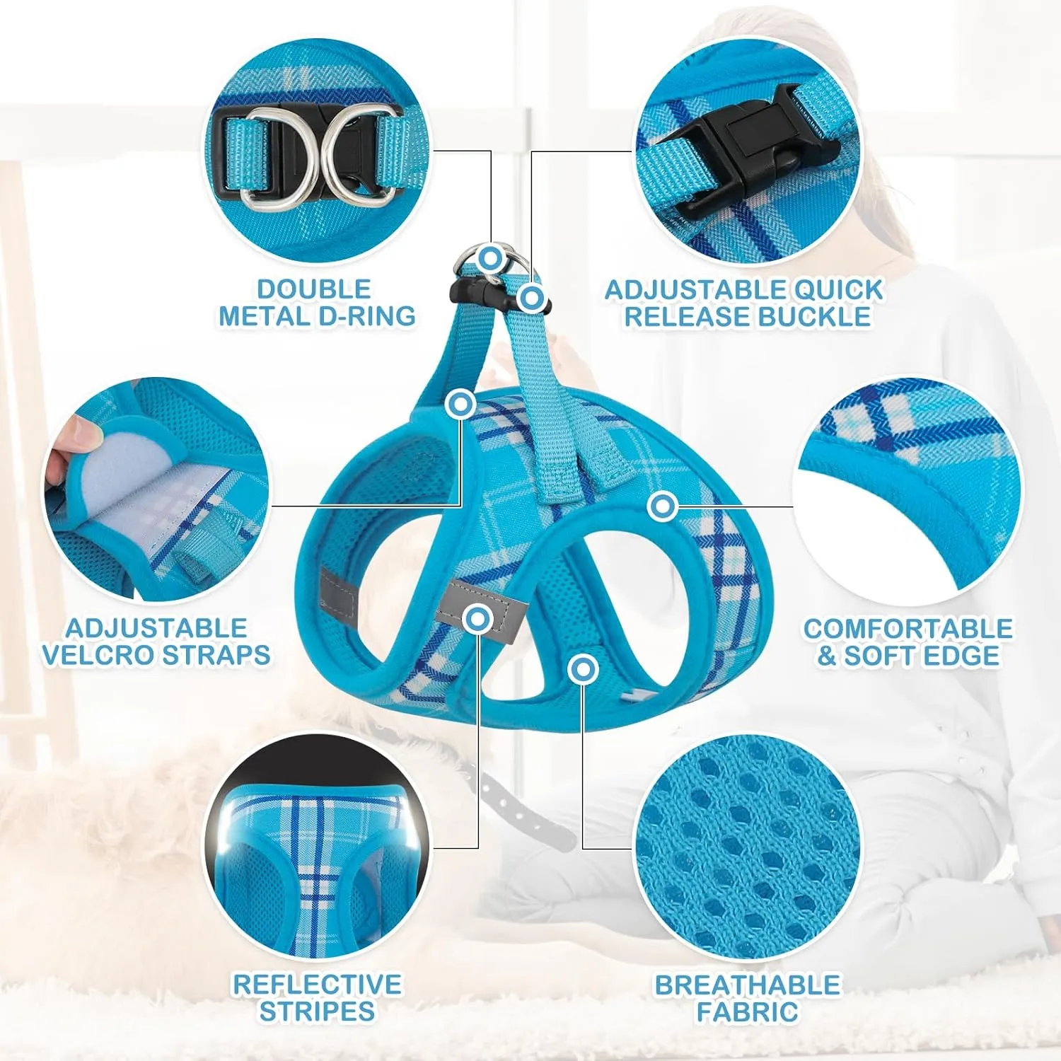 MoNiBloom No Pull Dog Harness w/Leash Set, Reflective Soft Puppy Padded Vest for Walking, Training, Easy to Put on Small Dogs - Sky Blue, S