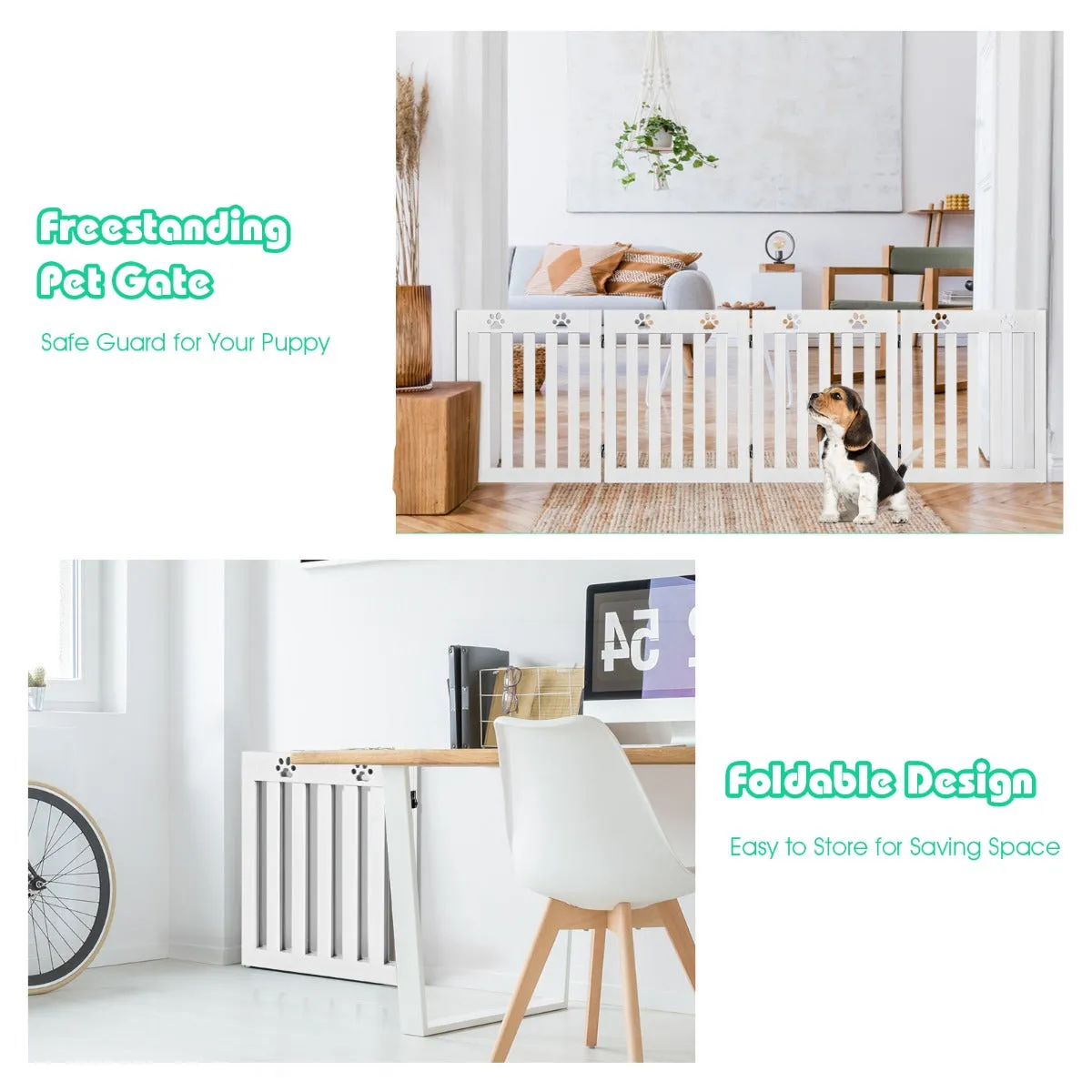 NNECW Wooden Freestanding Pet Gate with 360 Flexible Hinges for Home & Stairs & Doorway-White