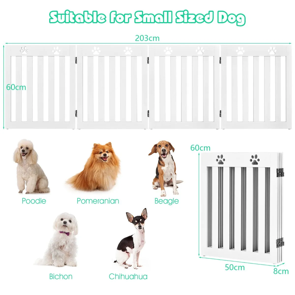 NNECW Wooden Freestanding Pet Gate with 360 Flexible Hinges for Home & Stairs & Doorway-White
