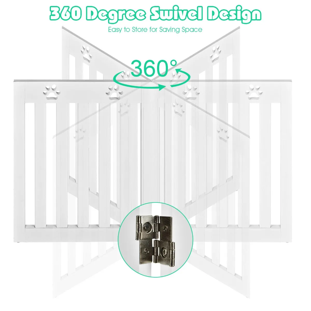 NNECW Wooden Freestanding Pet Gate with 360 Flexible Hinges for Home & Stairs & Doorway-White