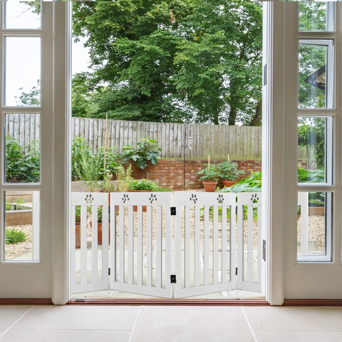 NNECW Wooden Freestanding Pet Gate with 360 Flexible Hinges for Home & Stairs & Doorway-White