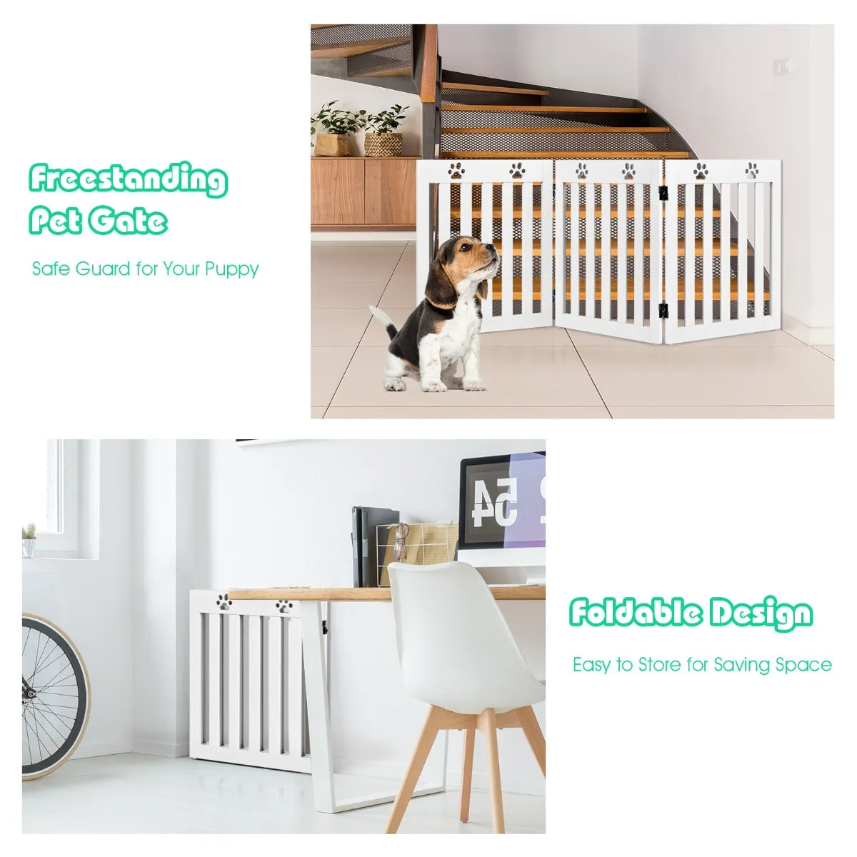 NNECW Wooden Freestanding Pet Gate with 360 Flexible Hinges for Stairs & Doorway-White
