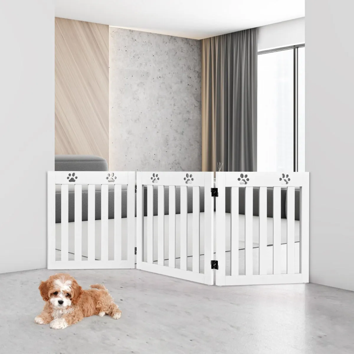 NNECW Wooden Freestanding Pet Gate with 360 Flexible Hinges for Stairs & Doorway-White