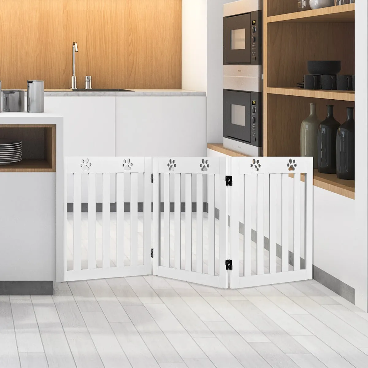 NNECW Wooden Freestanding Pet Gate with 360 Flexible Hinges for Stairs & Doorway-White
