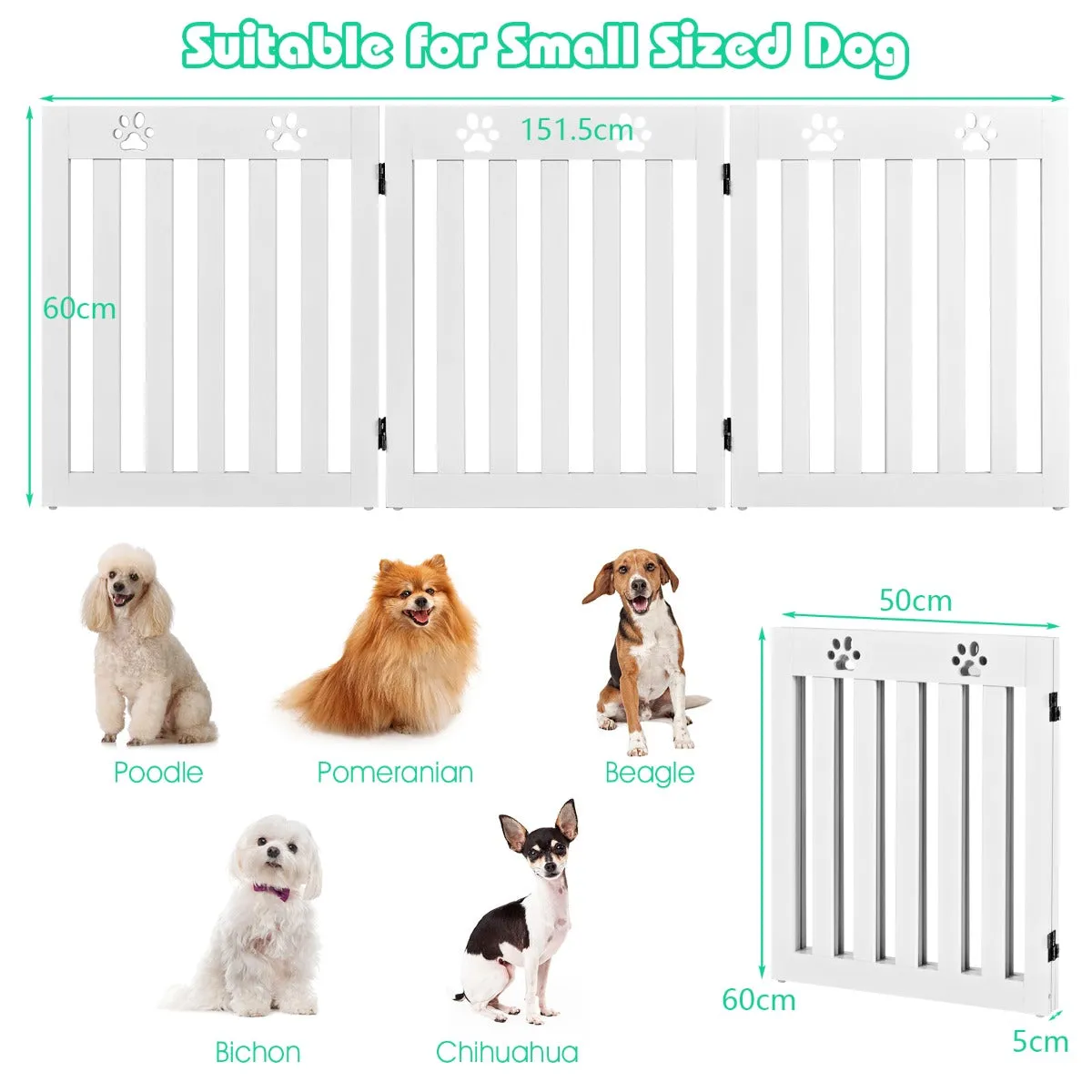 NNECW Wooden Freestanding Pet Gate with 360 Flexible Hinges for Stairs & Doorway-White