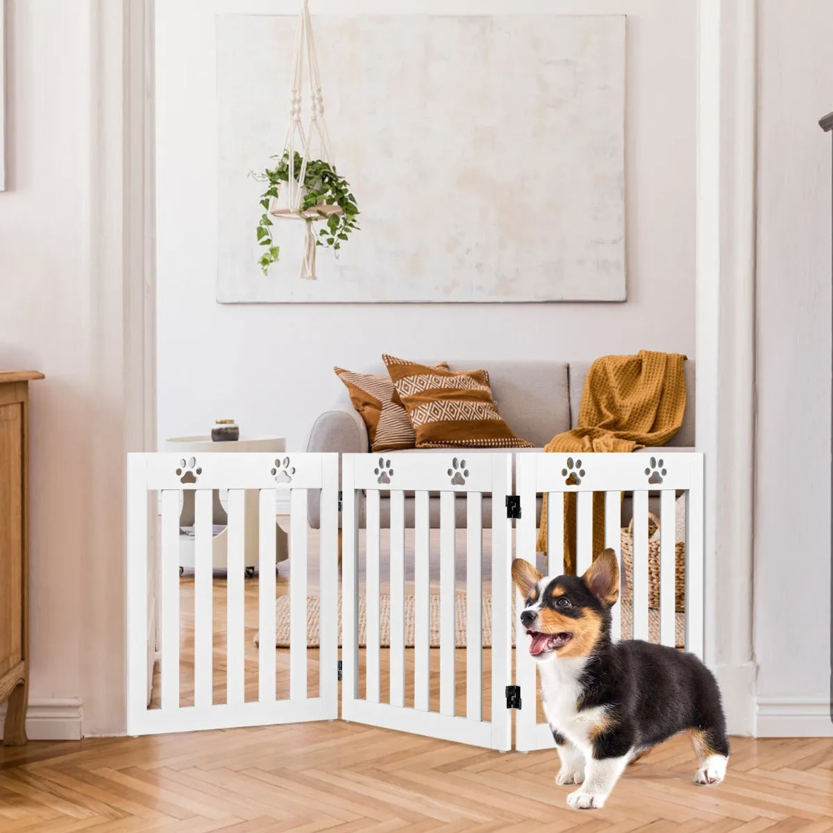 NNECW Wooden Freestanding Pet Gate with 360 Flexible Hinges for Stairs & Doorway-White