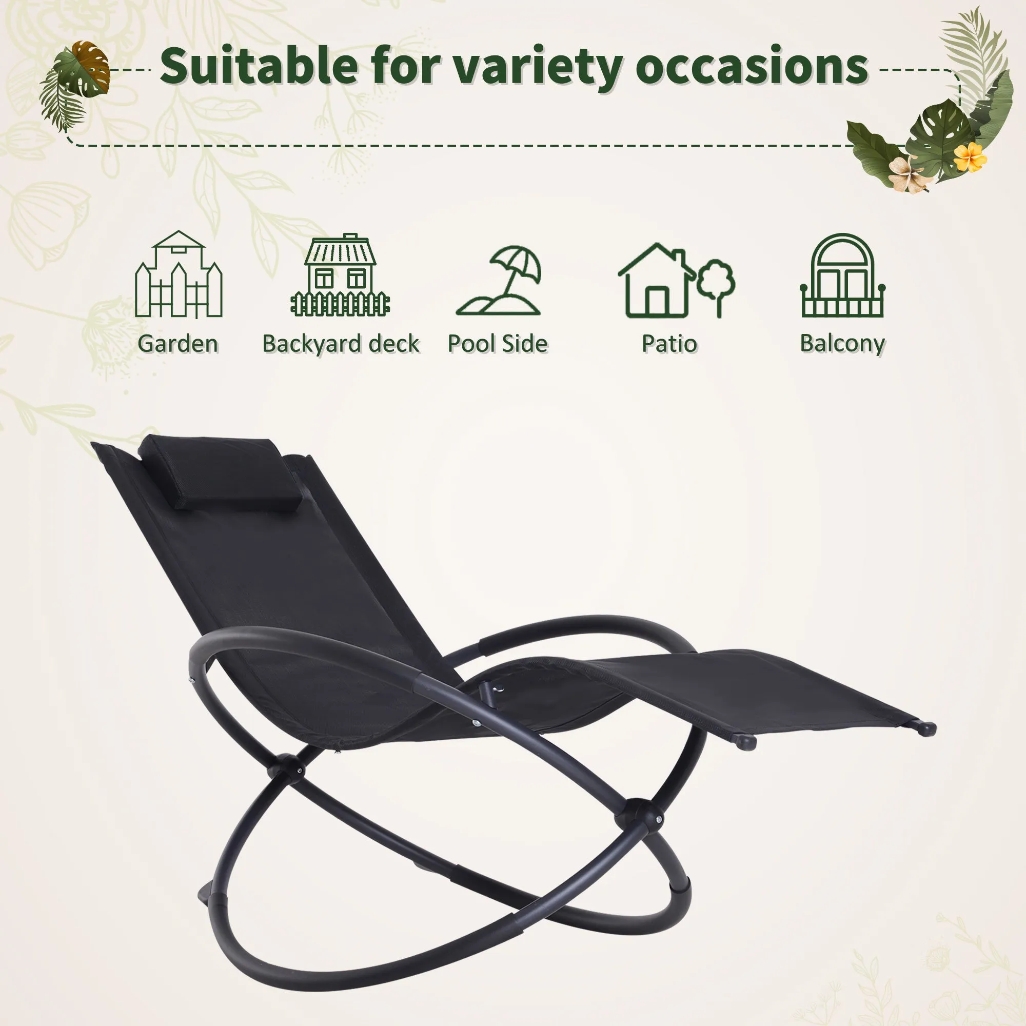 Outdoor Orbital Lounger Zero Gravity Patio Chaise Foldable Rocking Chair w/ Pillow Black