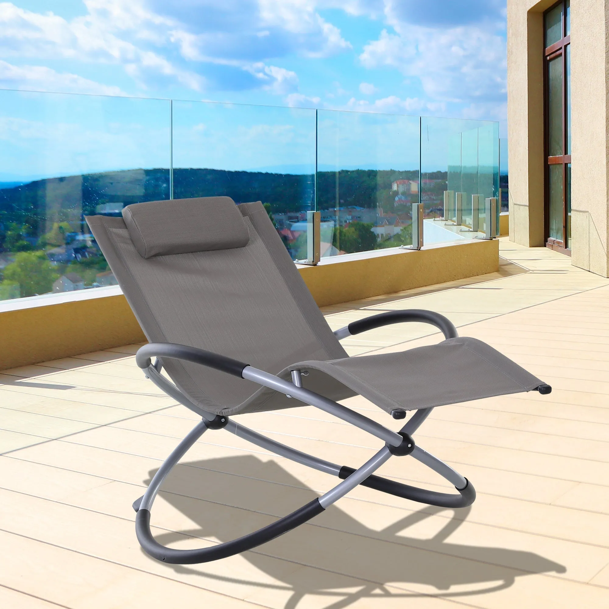 Outdoor Orbital Lounger Zero Gravity Patio Chaise Sun Lounger Foldable Rocking Chair w/ Pillow Grey