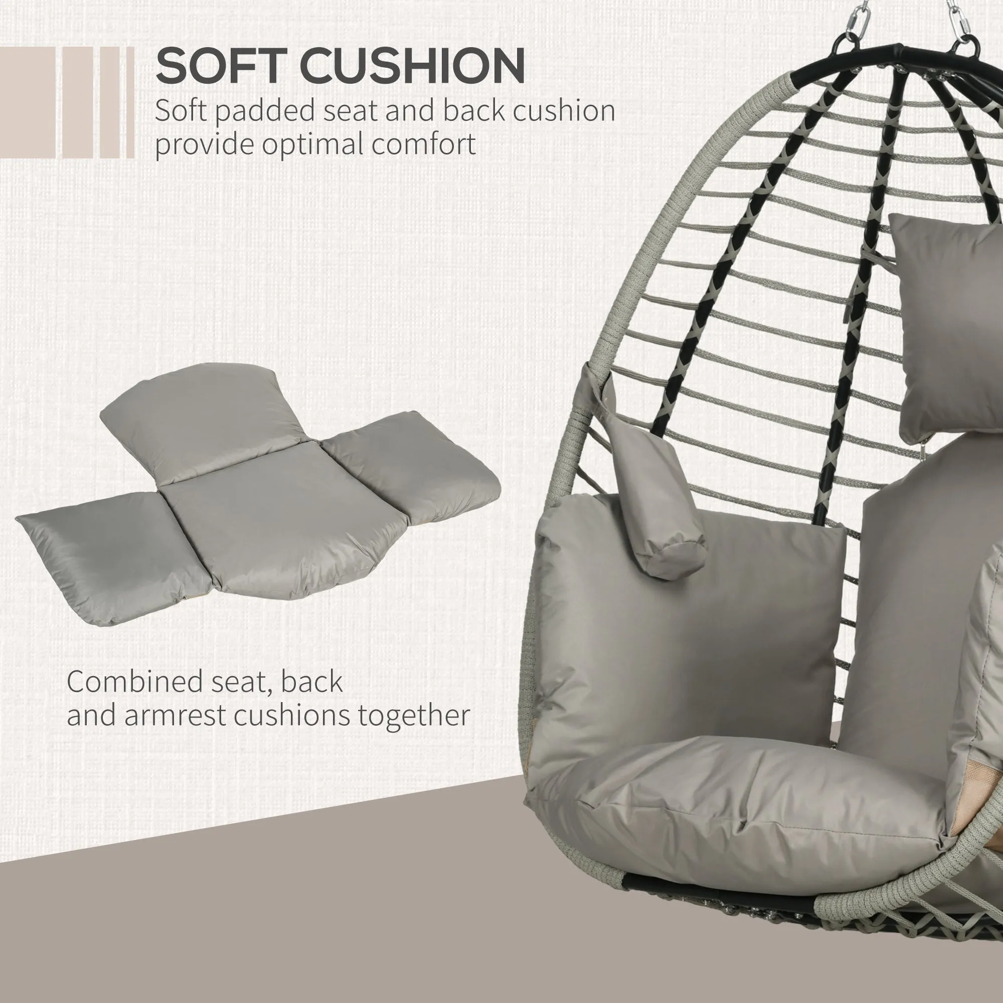Outdoor Swing Chair with Thick Padded Cushion, Patio Hanging Chair w/ Metal Stand, Foldable Basket, Cup Holder, Rope Structure