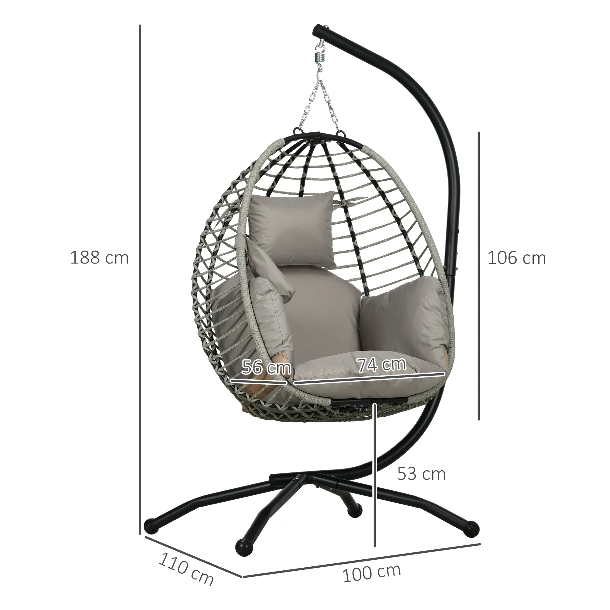 Outdoor Swing Chair with Thick Padded Cushion, Patio Hanging Chair w/ Metal Stand, Foldable Basket, Cup Holder, Rope Structure
