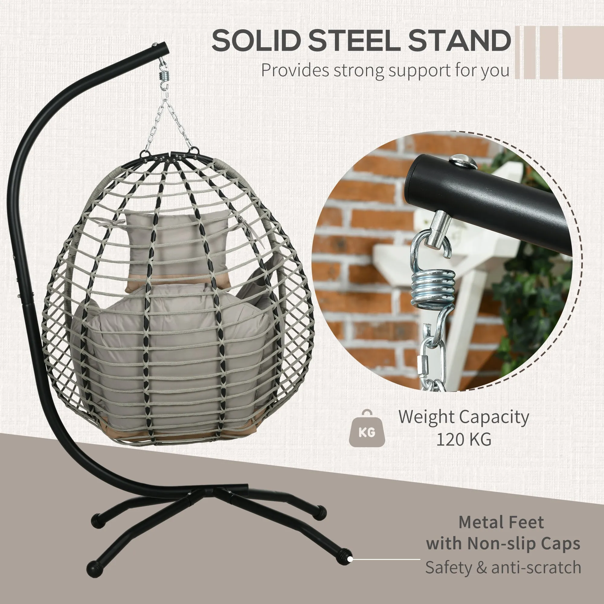 Outdoor Swing Chair with Thick Padded Cushion, Patio Hanging Chair w/ Metal Stand, Foldable Basket, Cup Holder, Rope Structure