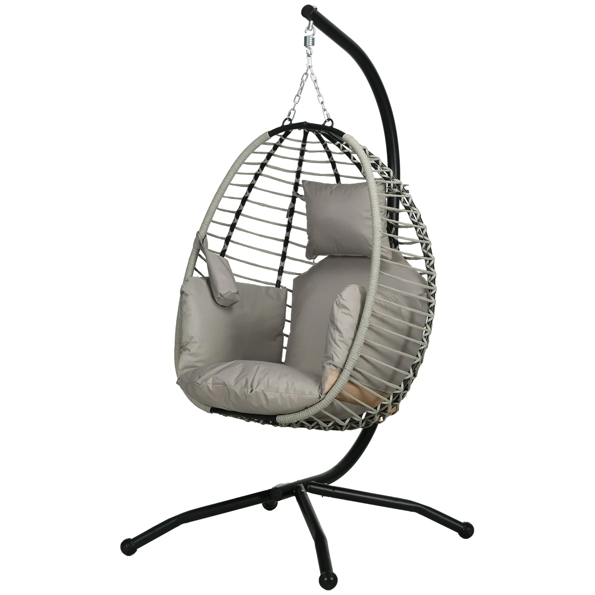 Outdoor Swing Chair with Thick Padded Cushion, Patio Hanging Chair w/ Metal Stand, Foldable Basket, Cup Holder, Rope Structure
