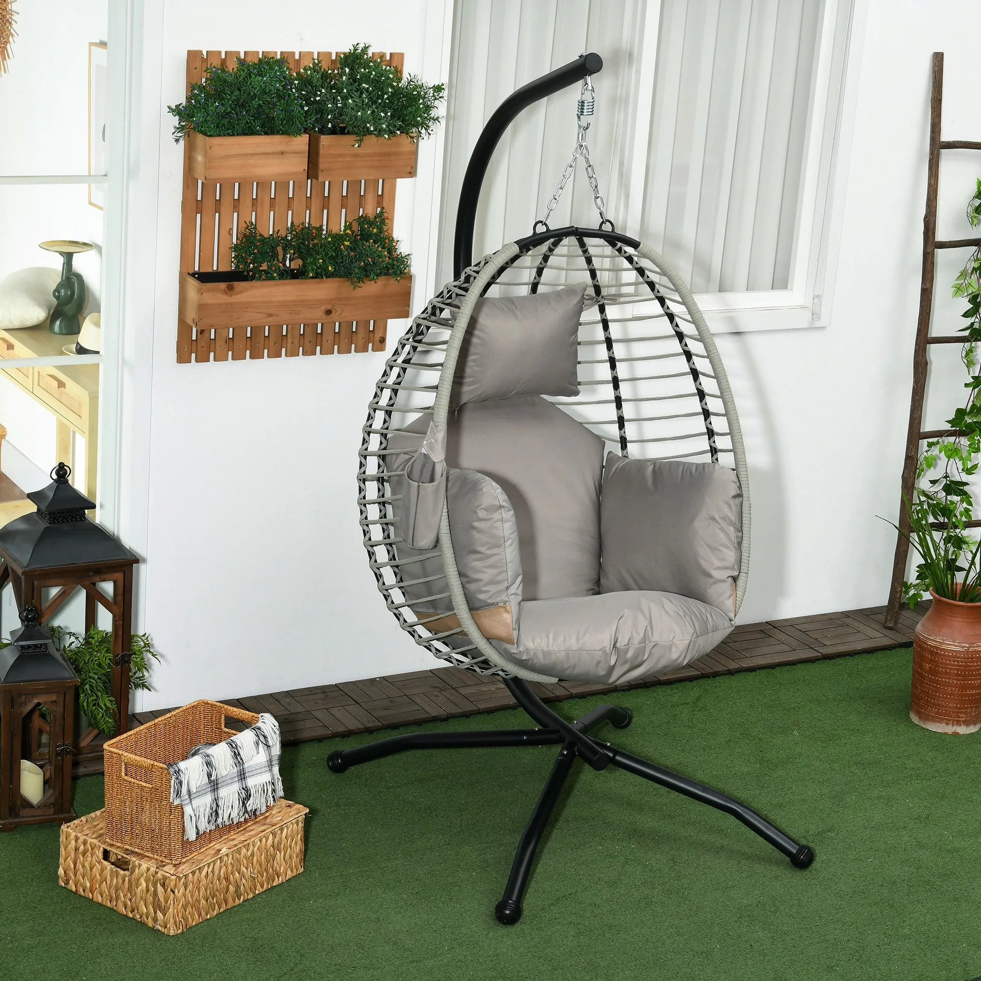 Outdoor Swing Chair with Thick Padded Cushion, Patio Hanging Chair w/ Metal Stand, Foldable Basket, Cup Holder, Rope Structure