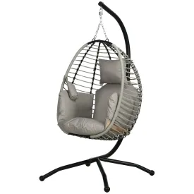 Outdoor Swing Chair with Thick Padded Cushion, Patio Hanging Chair w/ Metal Stand, Foldable Basket, Cup Holder, Rope Structure