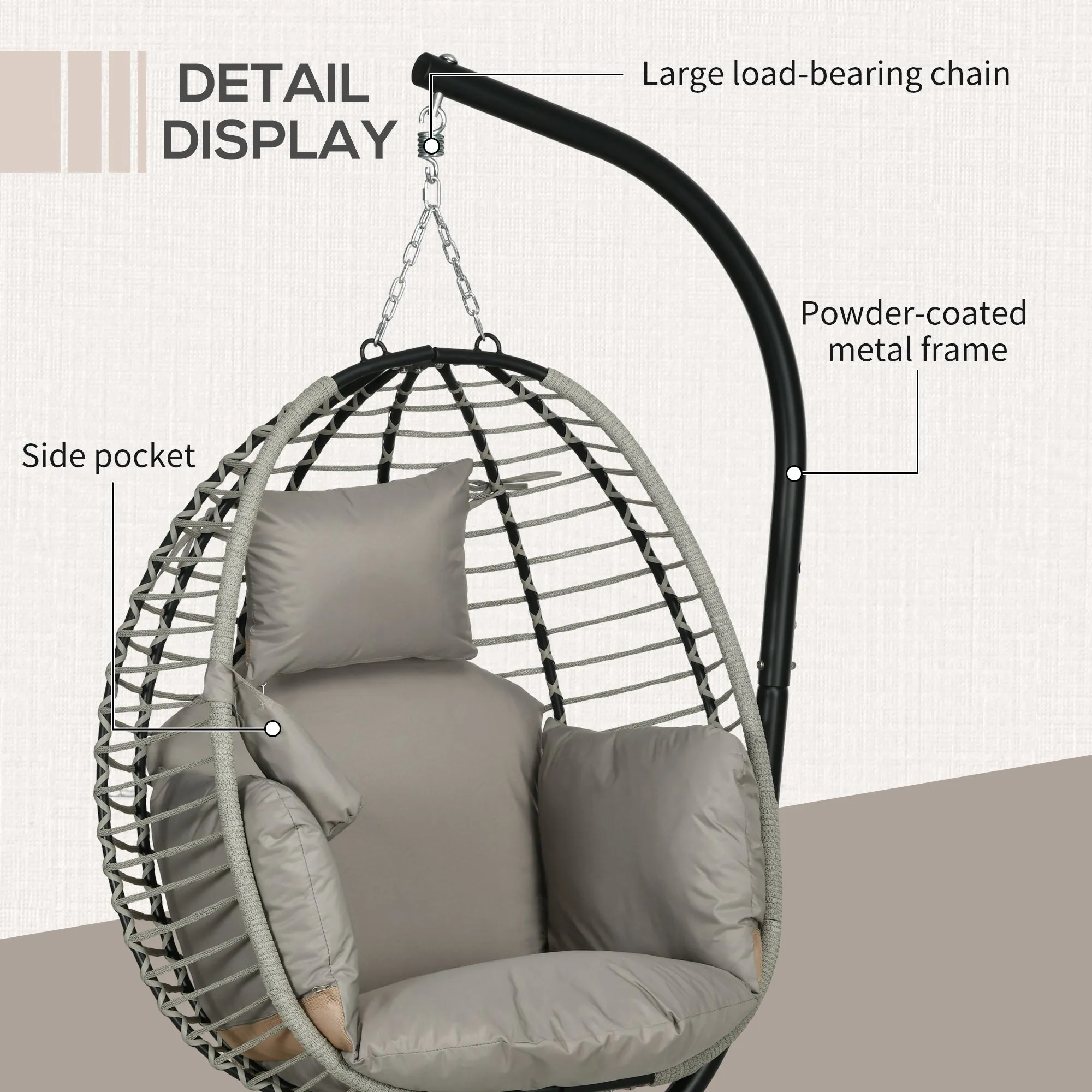 Outdoor Swing Chair with Thick Padded Cushion, Patio Hanging Chair w/ Metal Stand, Foldable Basket, Cup Holder, Rope Structure