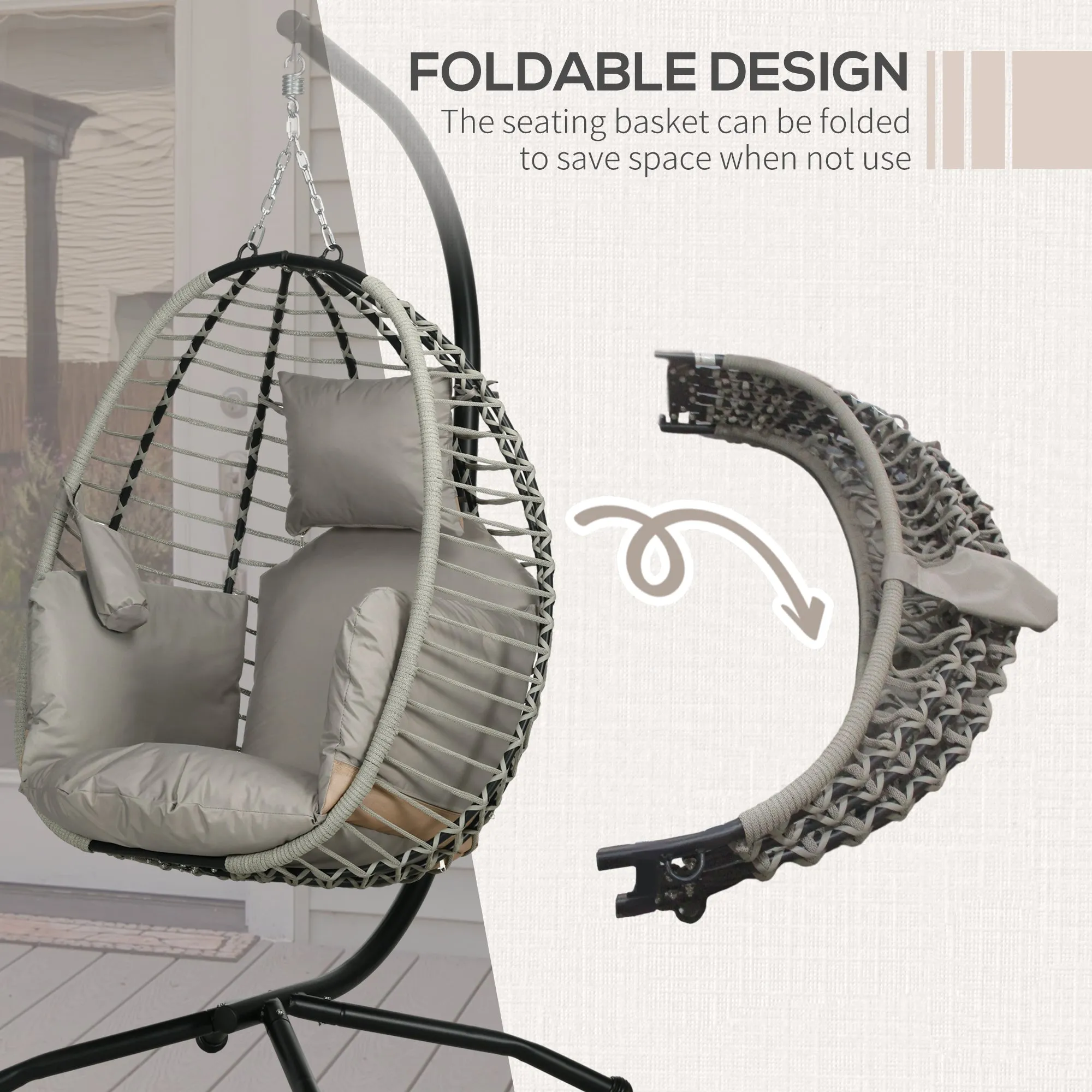 Outdoor Swing Chair with Thick Padded Cushion, Patio Hanging Chair w/ Metal Stand, Foldable Basket, Cup Holder, Rope Structure