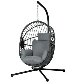 Outdoor Swing Chair with Thick Padded Cushion, Patio Hanging Chair with Metal Stand, Foldable Basket, Cup Holder, Rope Structure