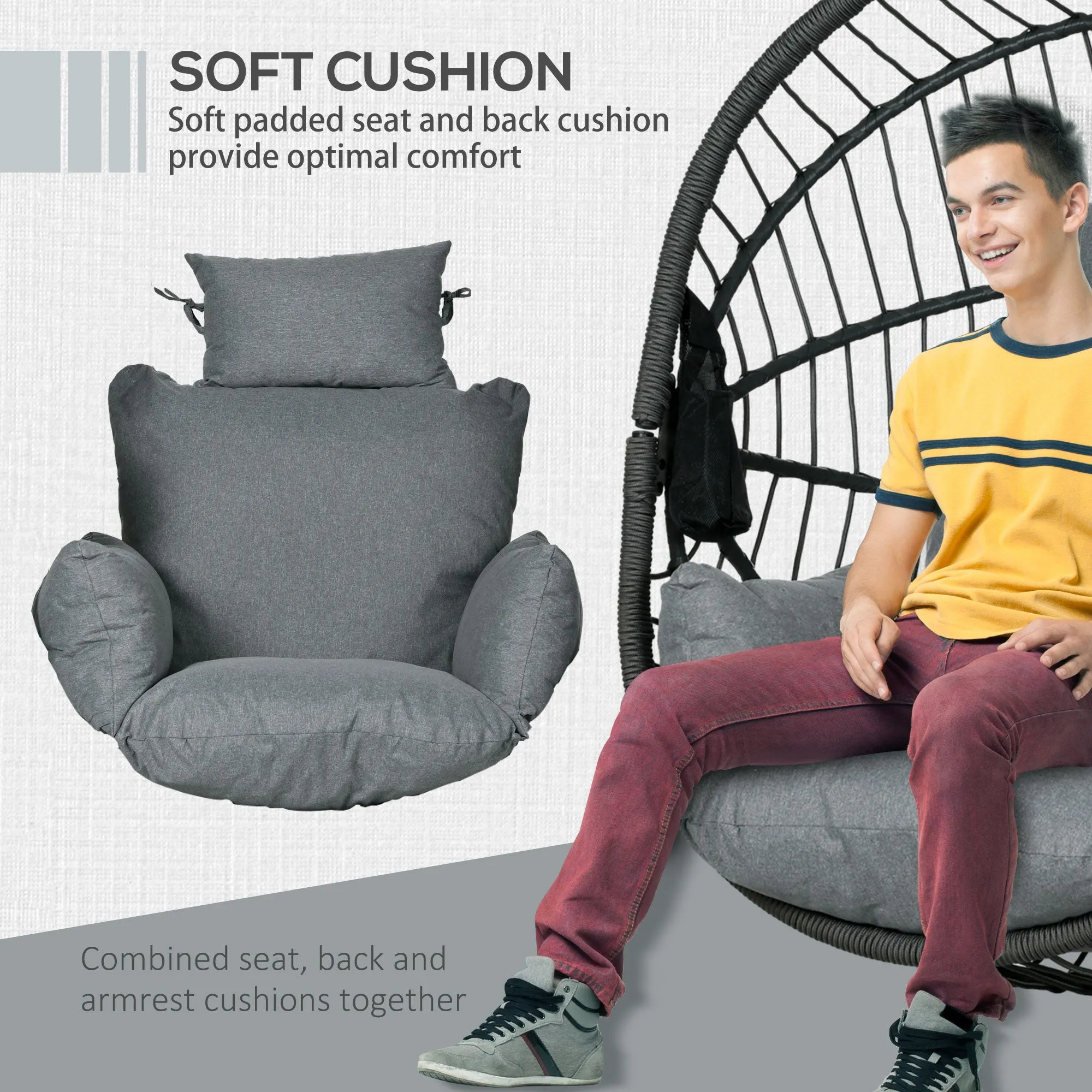 Outdoor Swing Chair with Thick Padded Cushion, Patio Hanging Chair with Metal Stand, Foldable Basket, Cup Holder, Rope Structure