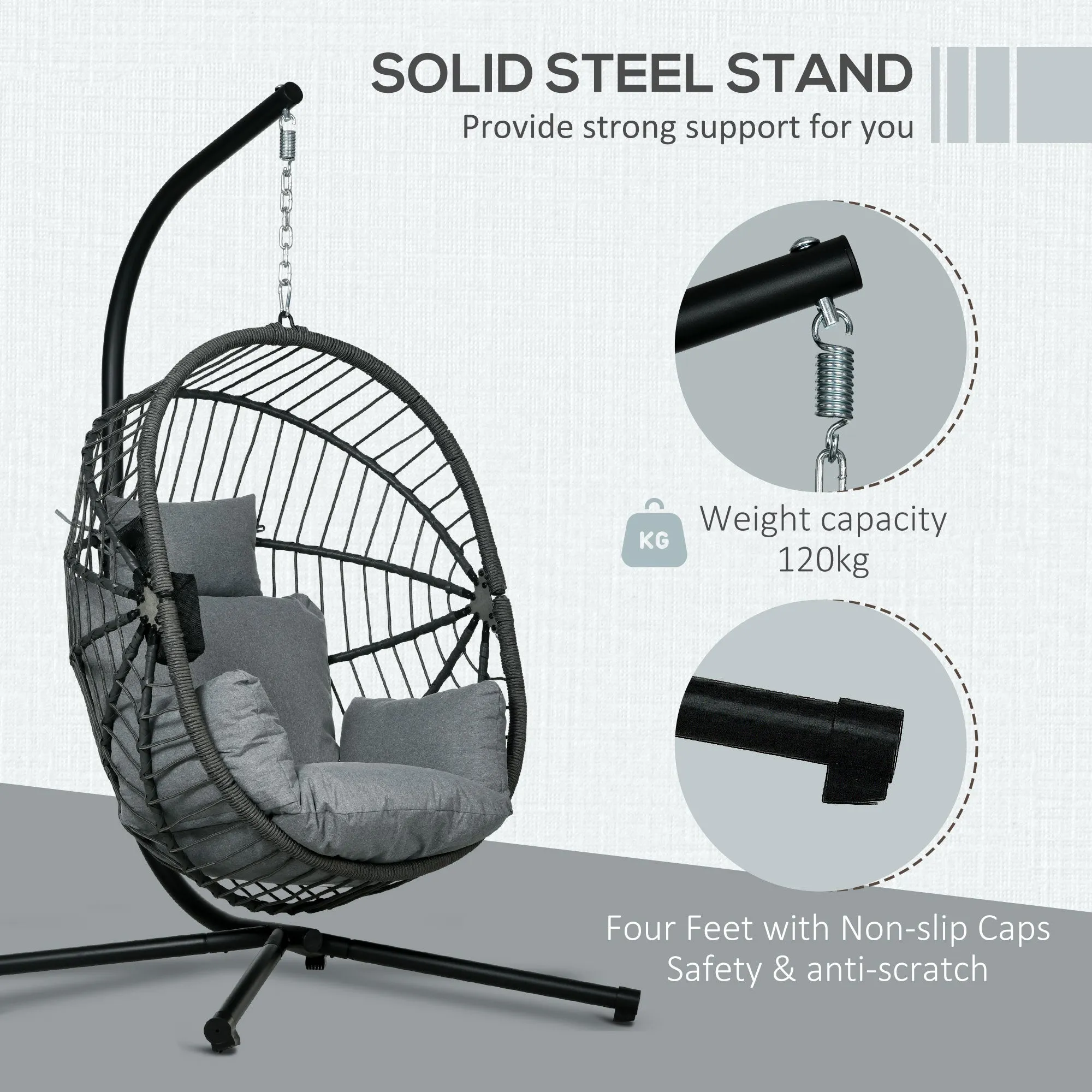 Outdoor Swing Chair with Thick Padded Cushion, Patio Hanging Chair with Metal Stand, Foldable Basket, Cup Holder, Rope Structure