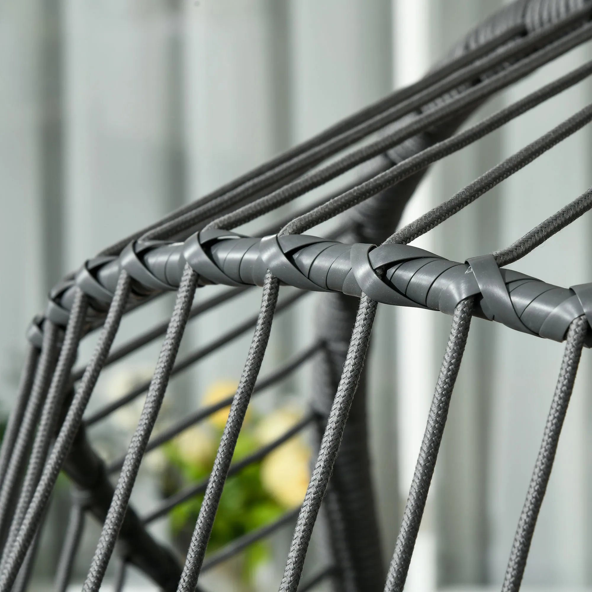 Outdoor Swing Chair with Thick Padded Cushion, Patio Hanging Chair with Metal Stand, Foldable Basket, Cup Holder, Rope Structure