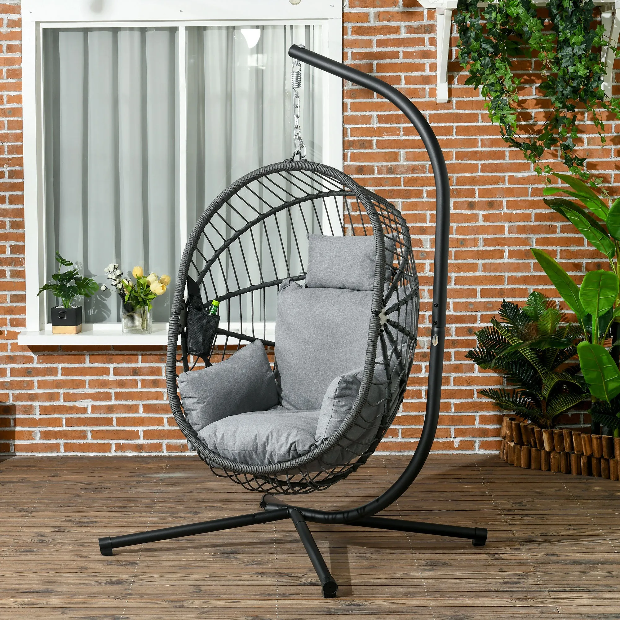 Outdoor Swing Chair with Thick Padded Cushion, Patio Hanging Chair with Metal Stand, Foldable Basket, Cup Holder, Rope Structure