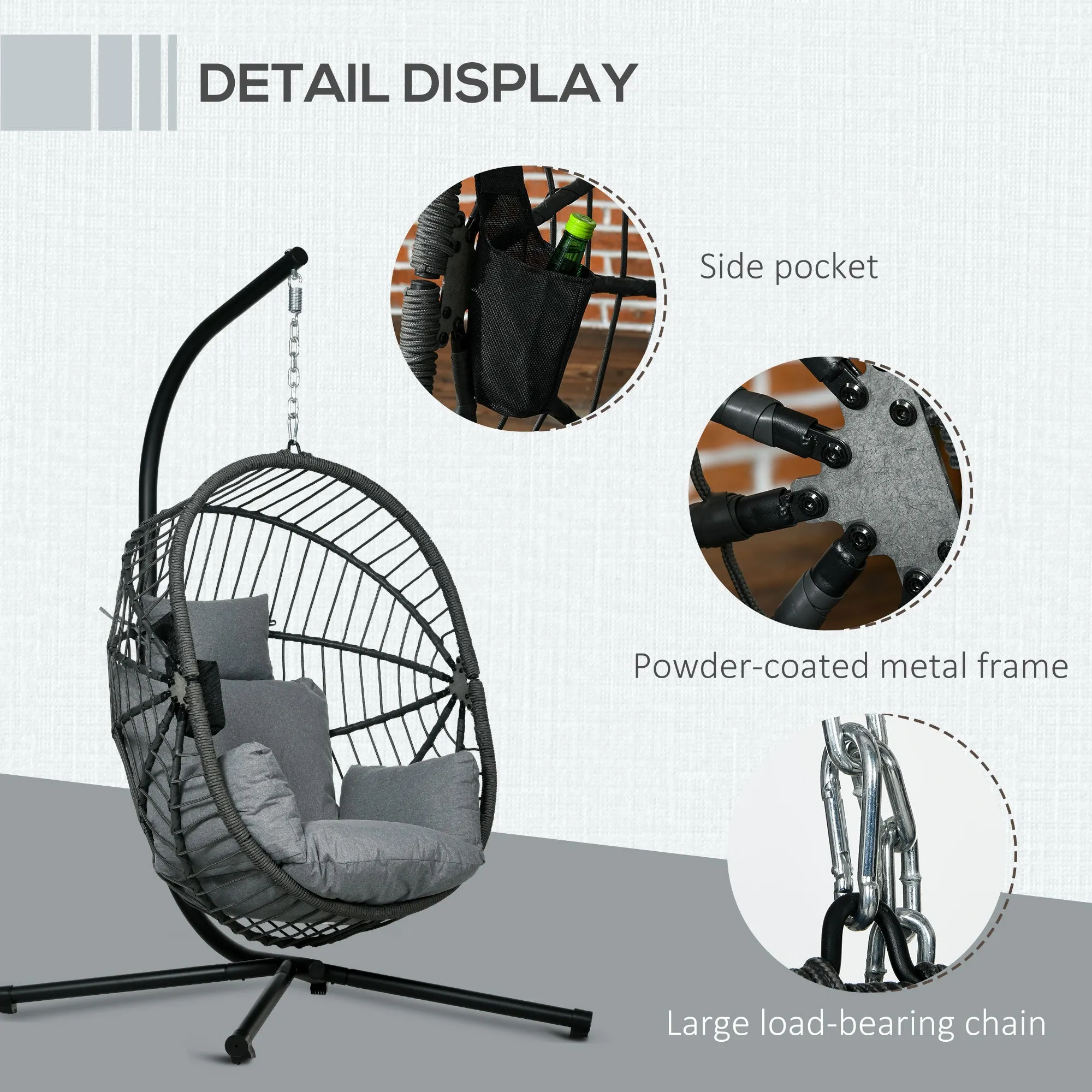 Outdoor Swing Chair with Thick Padded Cushion, Patio Hanging Chair with Metal Stand, Foldable Basket, Cup Holder, Rope Structure