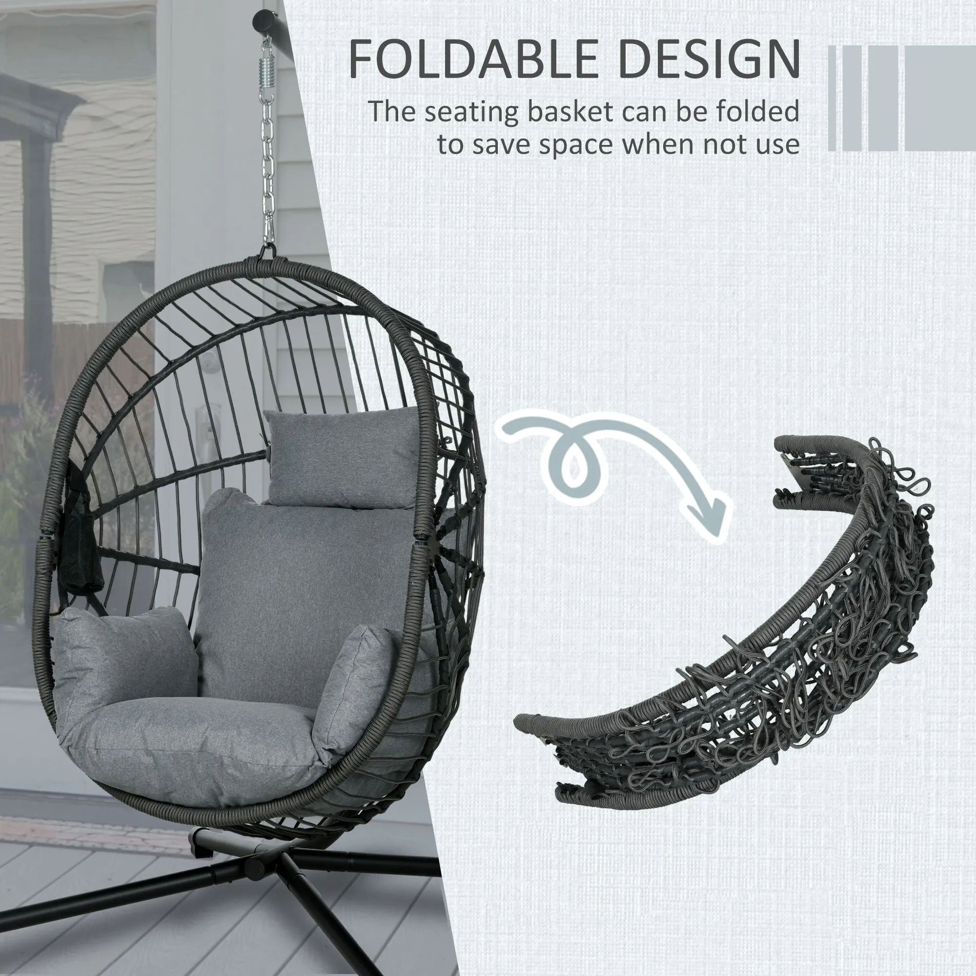 Outdoor Swing Chair with Thick Padded Cushion, Patio Hanging Chair with Metal Stand, Foldable Basket, Cup Holder, Rope Structure