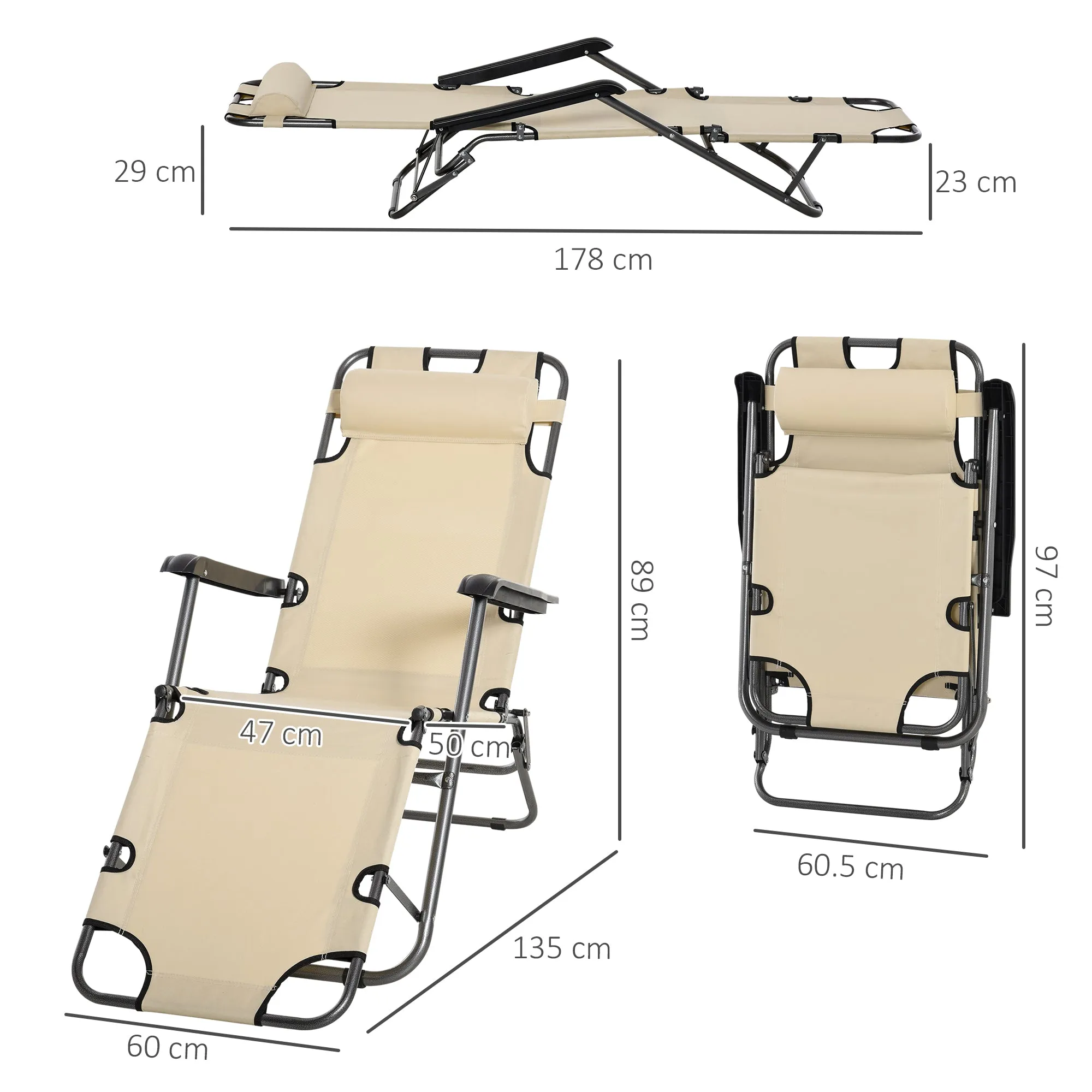 Outsunny 2 in 1 Outdoor Folding Sun Lounger w/ Adjustable Back and Pillow Beige