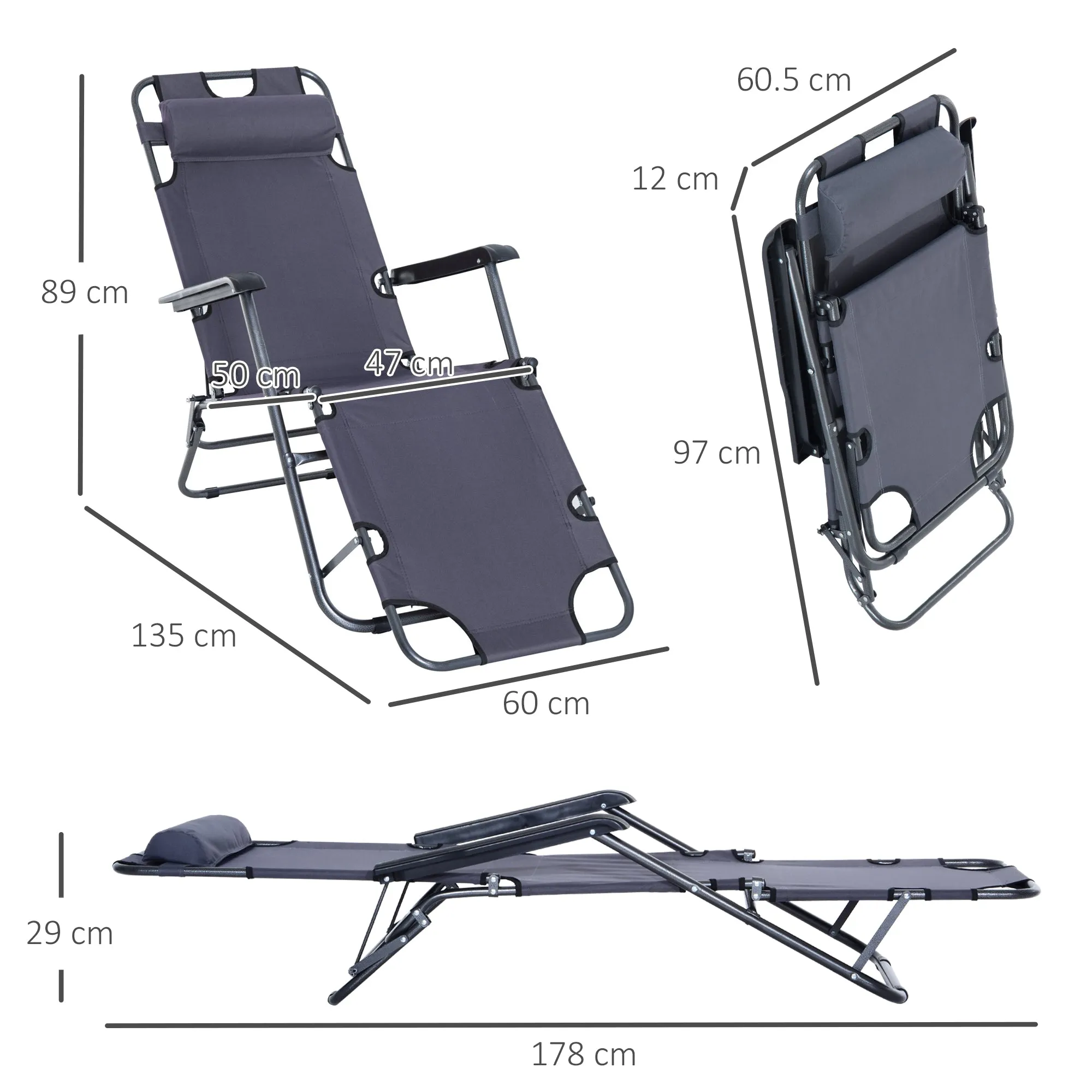 Outsunny 2 in 1 Outdoor Folding Sun Lounger w/ Adjustable Back and Pillow Grey