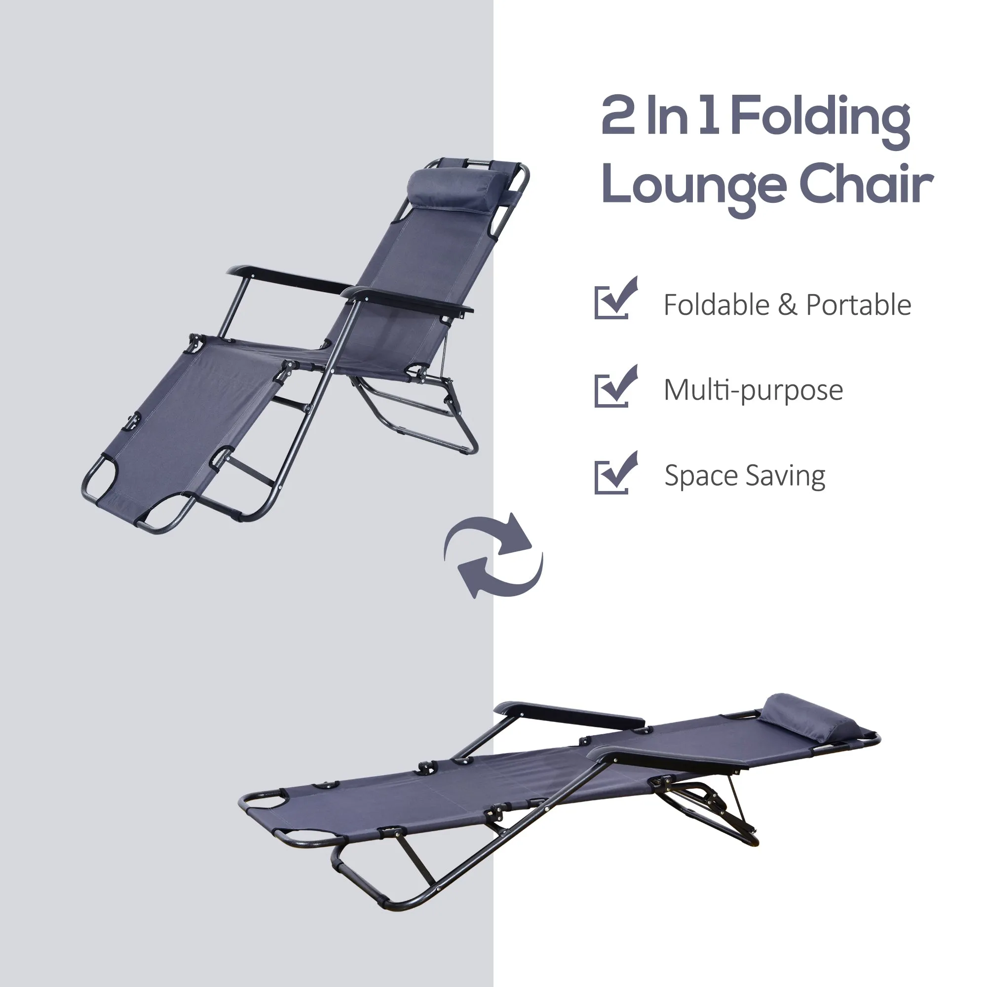 Outsunny 2 in 1 Outdoor Folding Sun Lounger w/ Adjustable Back and Pillow Grey
