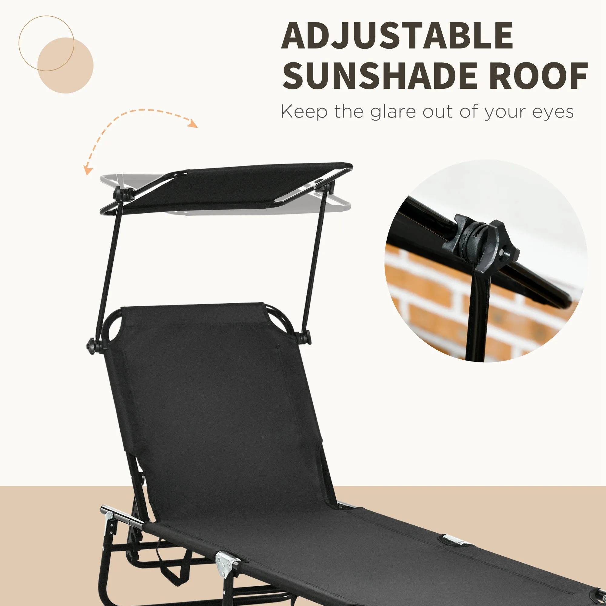 Outsunny 2 Piece Folding Sun Loungers with Adjustable Backrest, Sunshade, Black