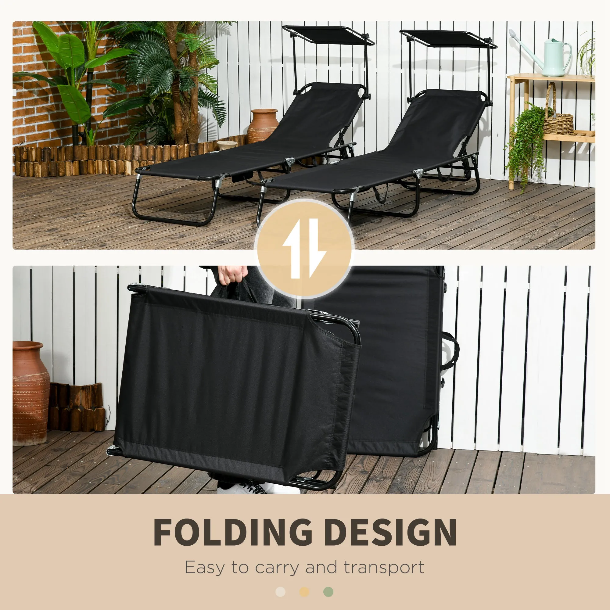 Outsunny 2 Piece Folding Sun Loungers with Adjustable Backrest, Sunshade, Black