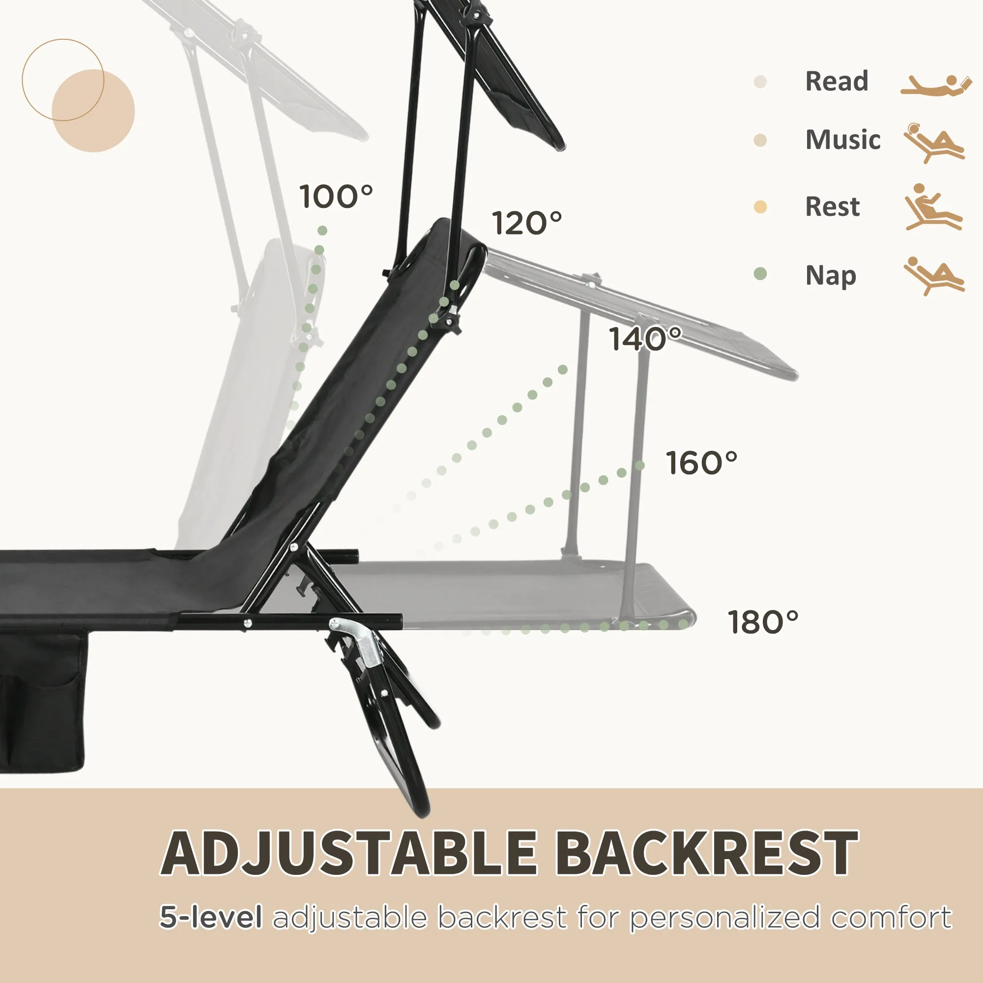 Outsunny 2 Piece Folding Sun Loungers with Adjustable Backrest, Sunshade, Black