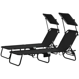 Outsunny 2 Piece Folding Sun Loungers with Adjustable Backrest, Sunshade, Black