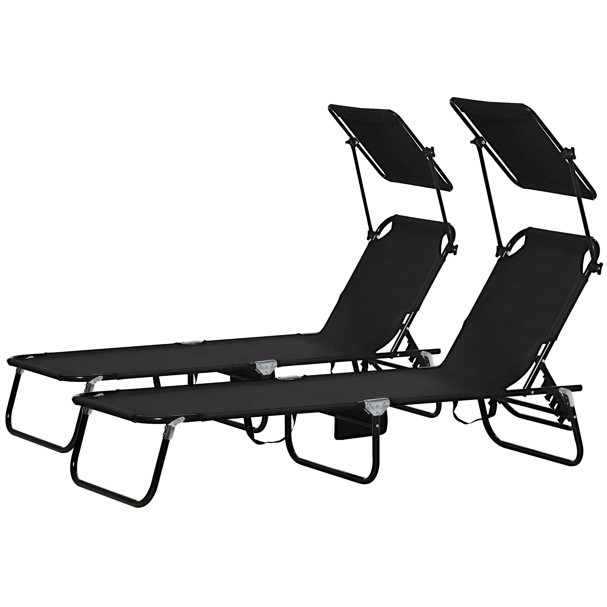 Outsunny 2 Piece Folding Sun Loungers with Adjustable Backrest, Sunshade, Black