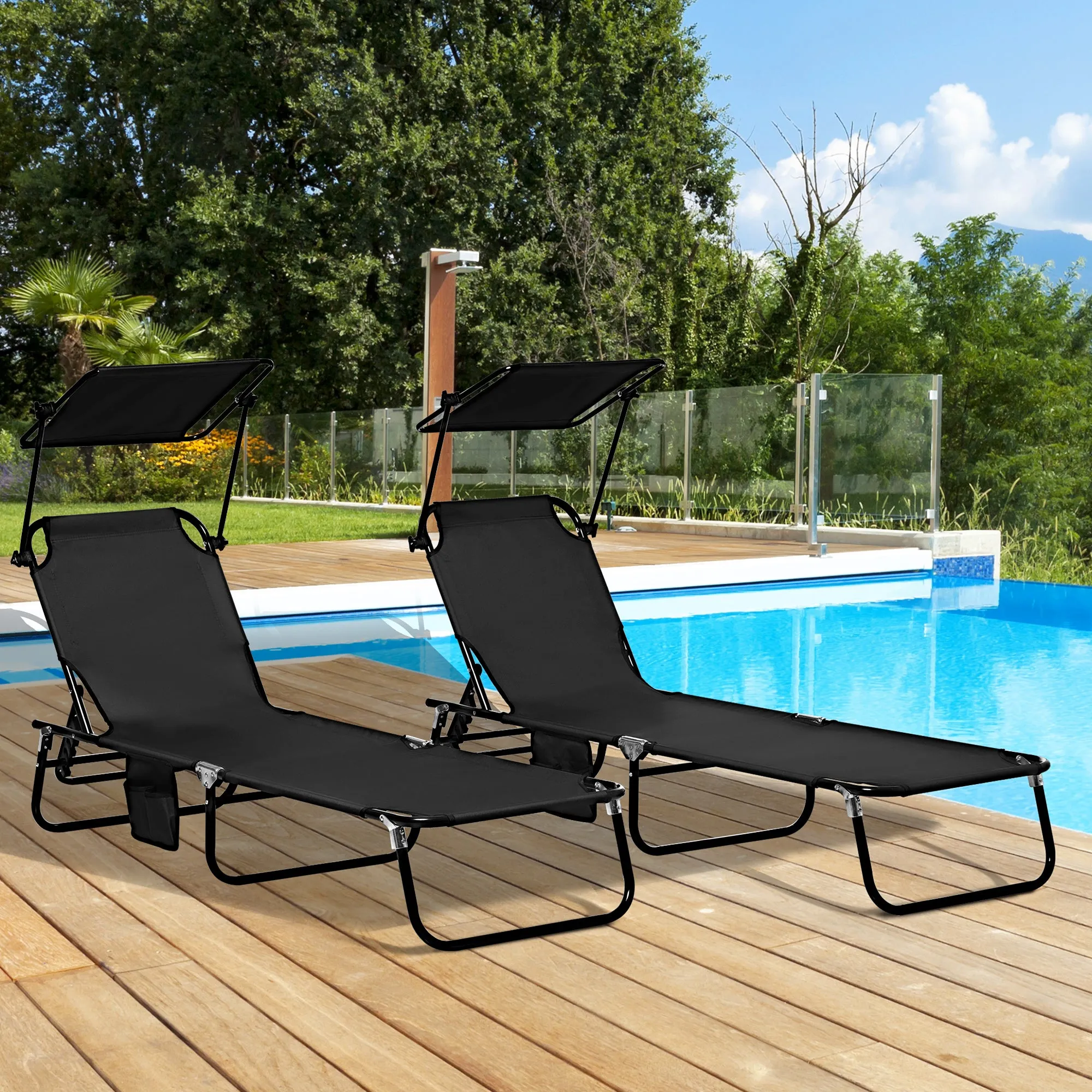 Outsunny 2 Piece Folding Sun Loungers with Adjustable Backrest, Sunshade, Black