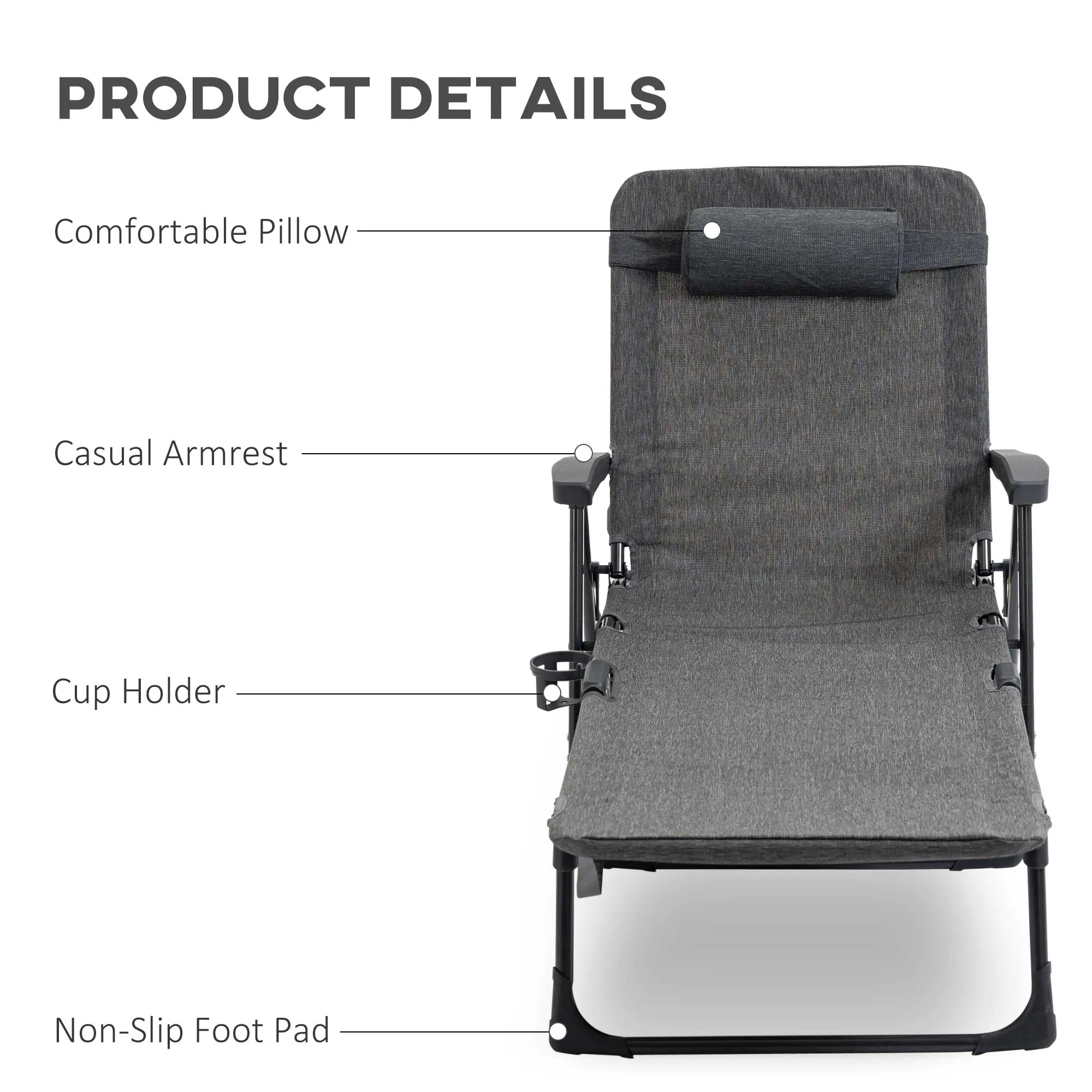 Outsunny Folding Chaise Lounge, Garden Lounger Headrest Cup Holder, Dark Grey