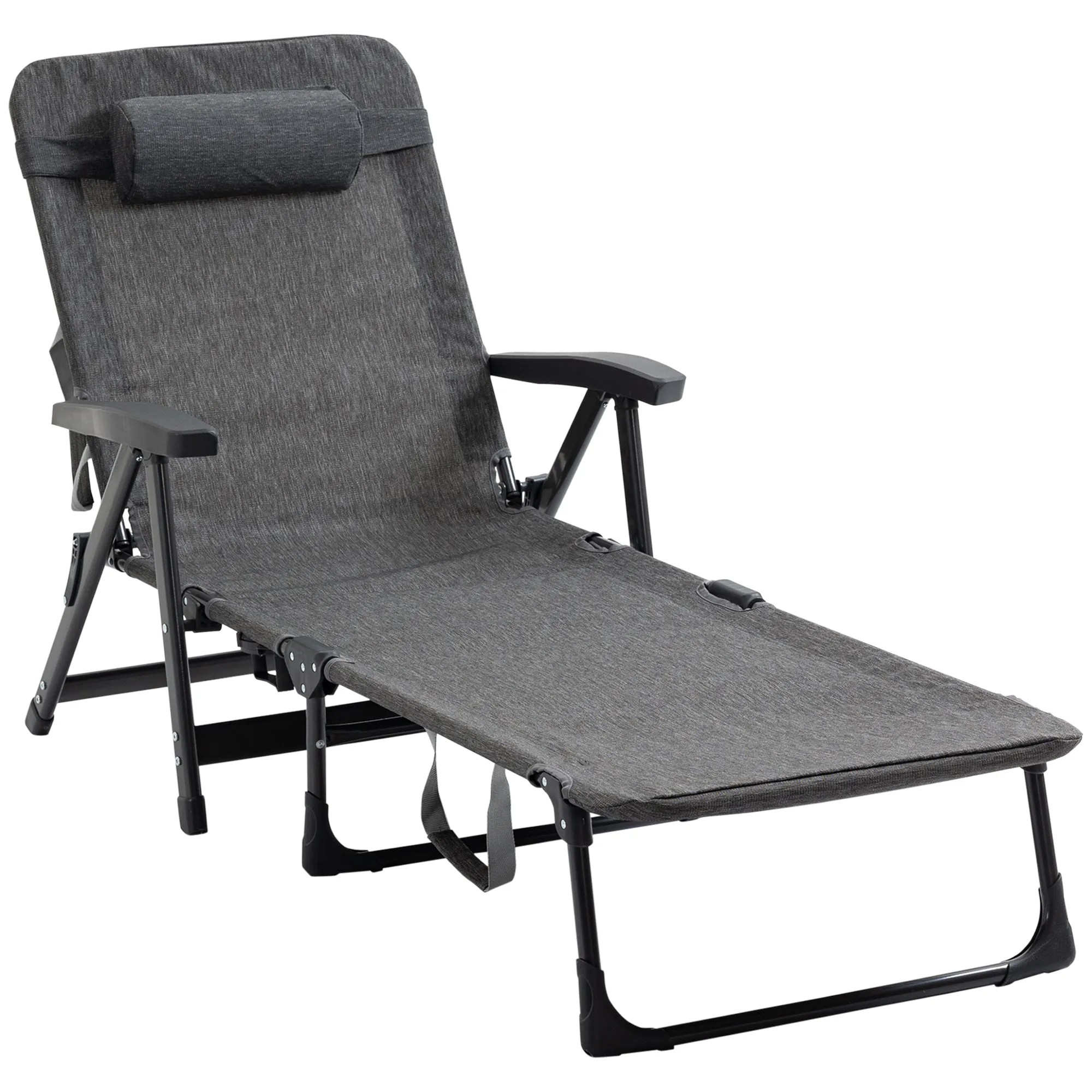 Outsunny Folding Chaise Lounge, Garden Lounger Headrest Cup Holder, Dark Grey