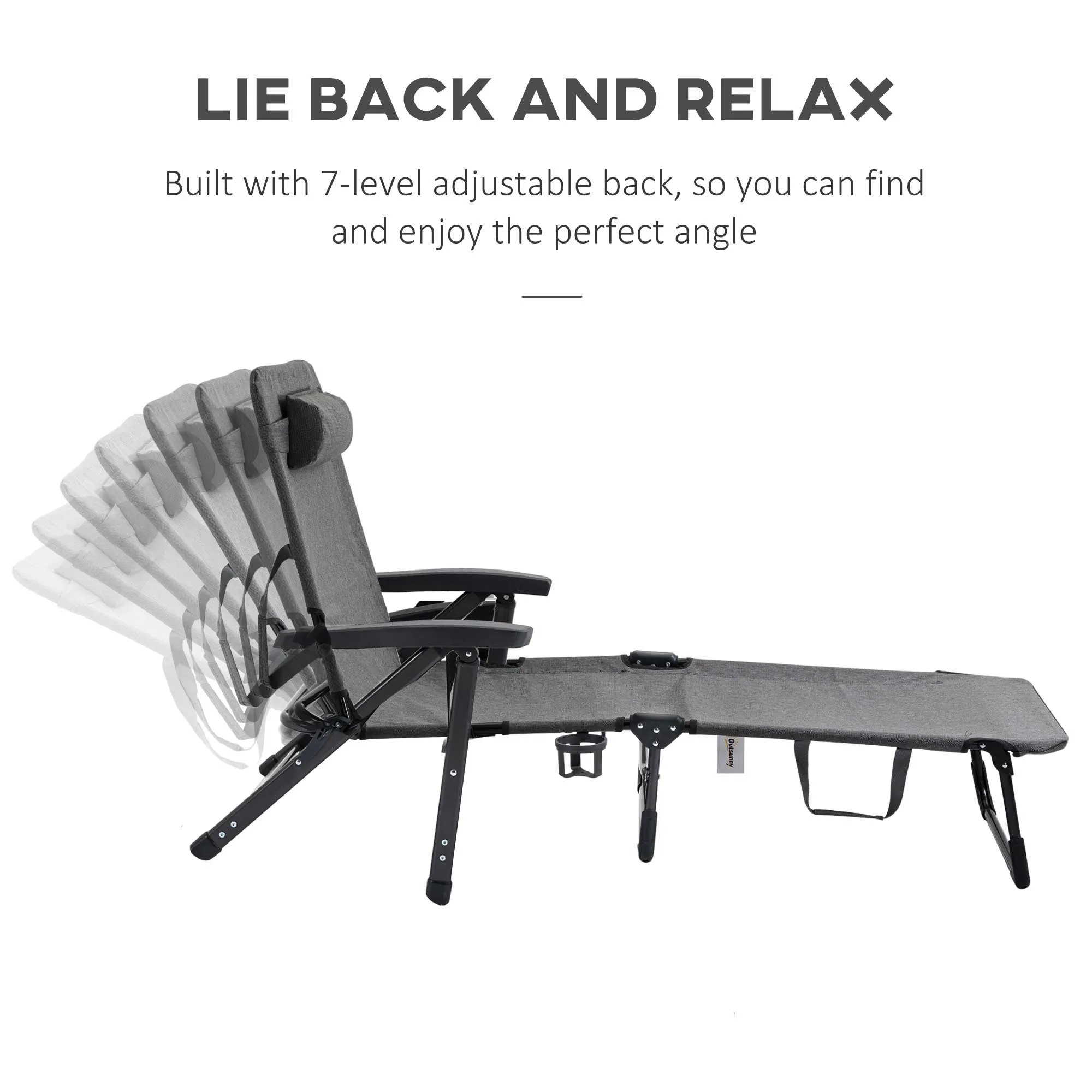 Outsunny Folding Chaise Lounge, Garden Lounger Headrest Cup Holder, Dark Grey