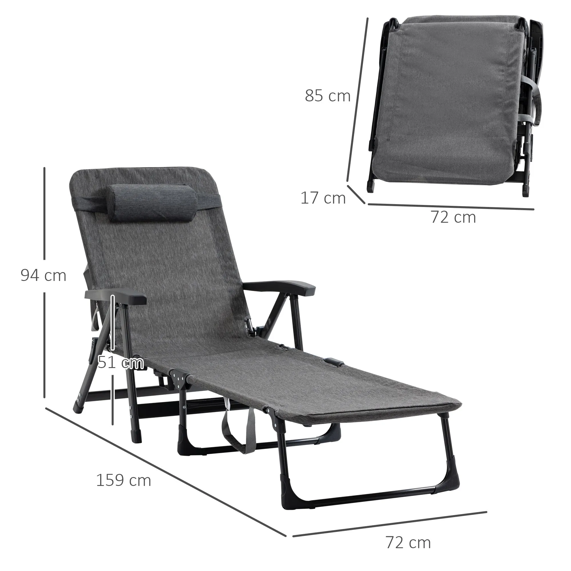 Outsunny Folding Chaise Lounge, Garden Lounger Headrest Cup Holder, Dark Grey