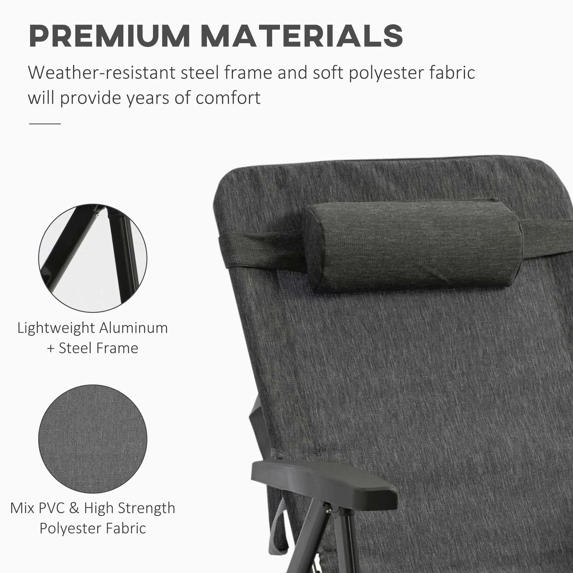 Outsunny Folding Chaise Lounge, Garden Lounger Headrest Cup Holder, Dark Grey