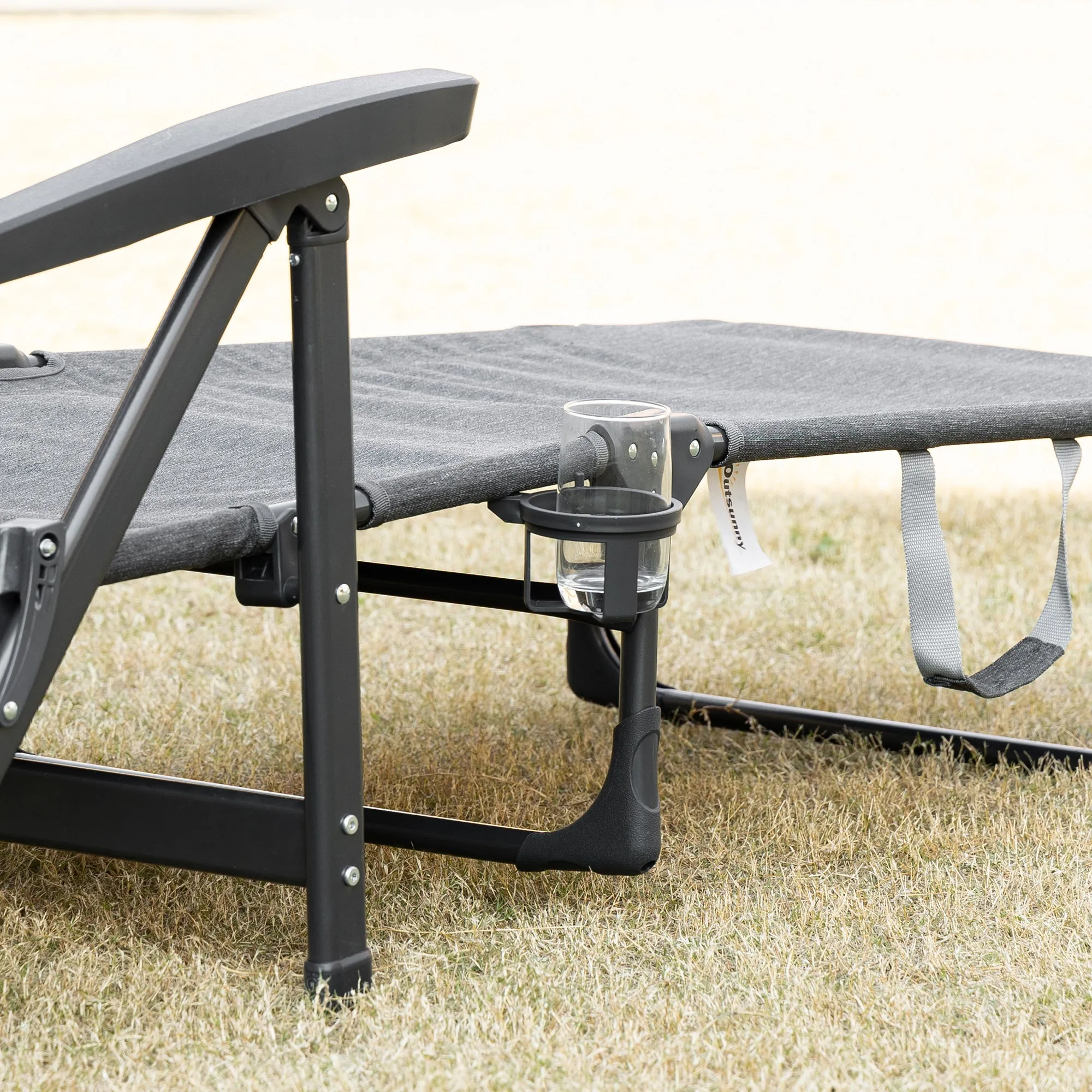 Outsunny Folding Chaise Lounge, Garden Lounger Headrest Cup Holder, Dark Grey